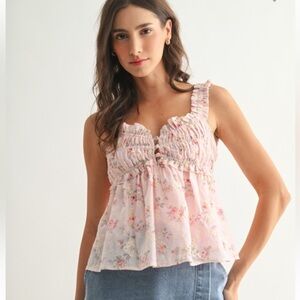 Floral Pink Ruffled tie back top.